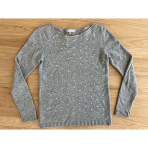 Benedetta B Grey Knit Boat Neck Sweater White Heart Polka Dot Wool Blend Top S